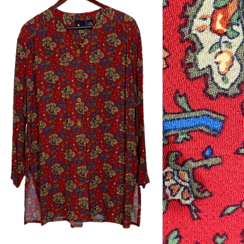 VINTAGE LIZ CLAIBORNE LIZSPORT Tunic Top Shirt Floral Print Button Front Sz S